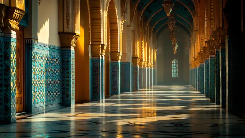 Sunlit Islamic arcade with patterned tile columns interior.