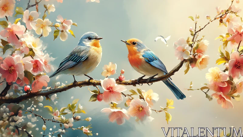 Two Bluebirds on Blossom Branch, Lush Springtime Digital Painting.