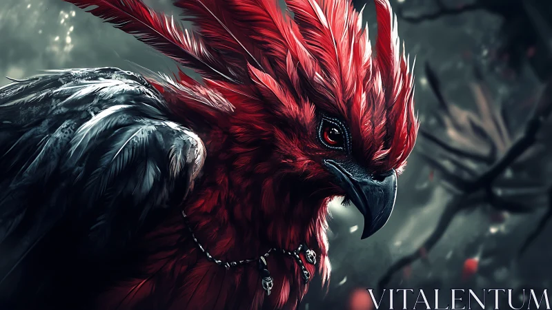 Majestic Red and Black Fantasy Bird Portrait in Dark Forest Setting.