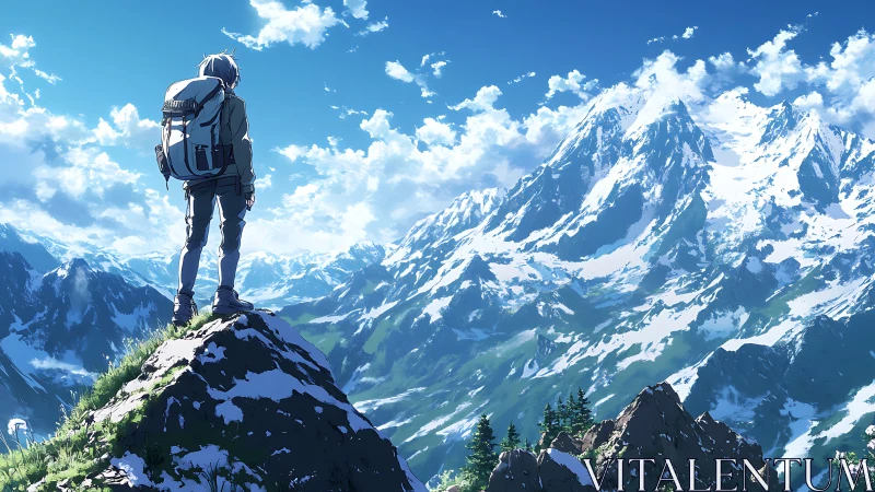 Lone hiker surveys vast snowy mountain landscape.