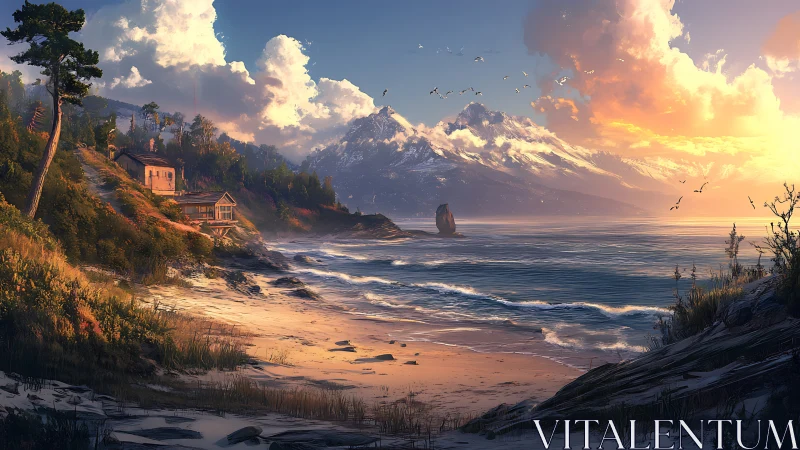 Snow-Capped Mountain Coastal Landscape with Golden Sunset