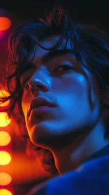 Moody close-up portrait in bold blue and orange neon light.
