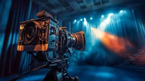 Vintage studio film camera waits under dramatic stage lights