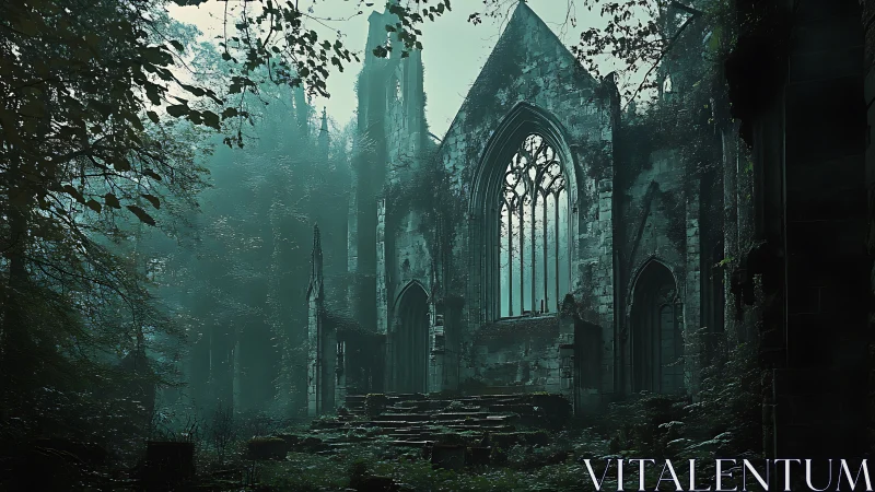 Gothic stone ruin stands in dense, mist filled forest
