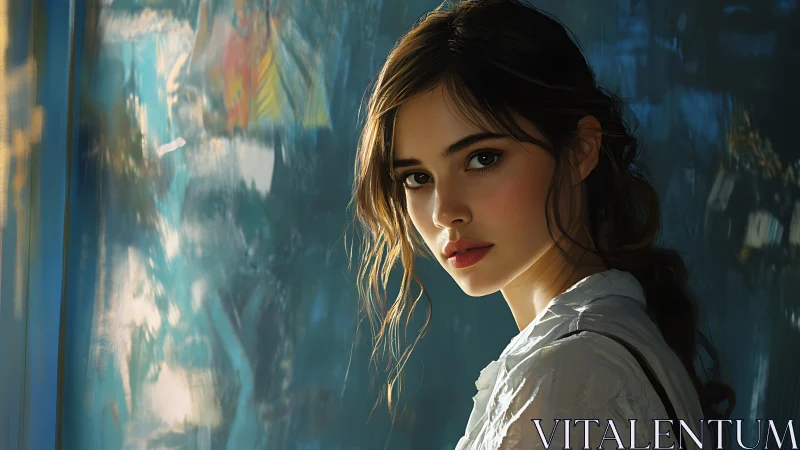 Young woman in soft light before abstract teal backdrop.