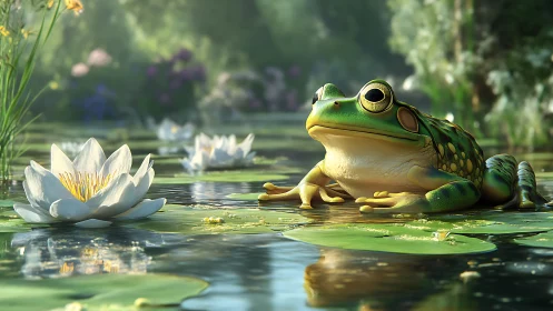 Emerald frog rests on sunlit lily pads in misty pond