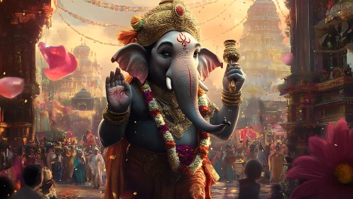 Elephant-headed deity strides through vibrant temple festival