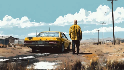 Solitary figure beside weathered yellow car in arid roadside