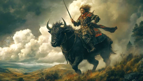 Highland warrior rides a mighty yak through storm clouds.