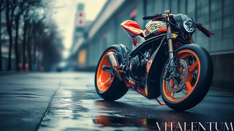 Bold custom motorcycle resting on a rain-washed city street.