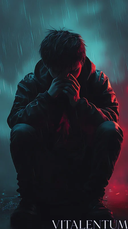 Brooding figure in neon rain finding quiet in the storm.