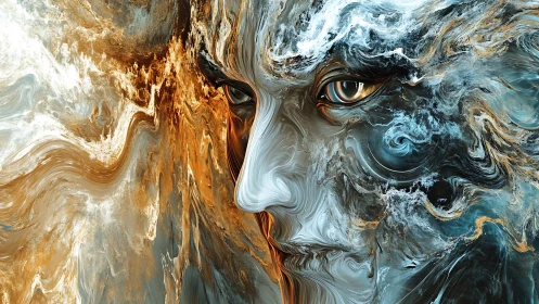 Liquid visage in turbulent gold and ice abstraction.