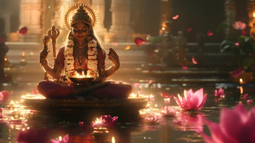 Divine goddess meditating on lotus pool with golden light.