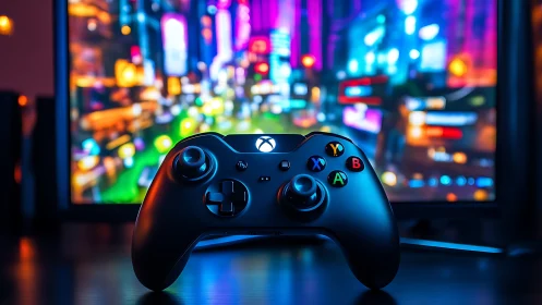 Xbox controller on desk before neon gaming display screen.