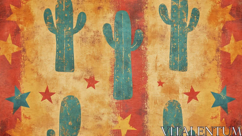 Distressed desert cactus and star pattern background.