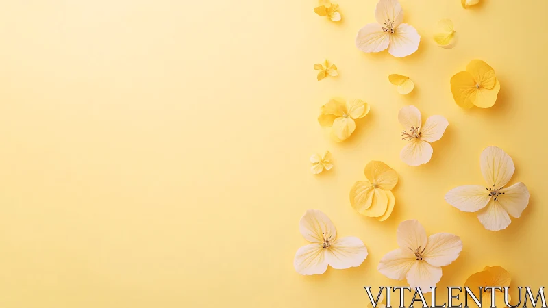 Paper blossoms drift like quiet sunlight across yellow