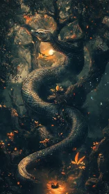 Moonlit forest serpent watching over a glowing mystic pool.