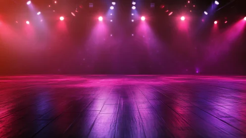 Empty wooden stage under pink and purple spotlights at night.