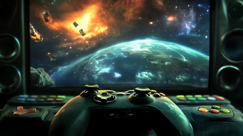 Galactic arcade gateway where a gamepad steers the cosmos.