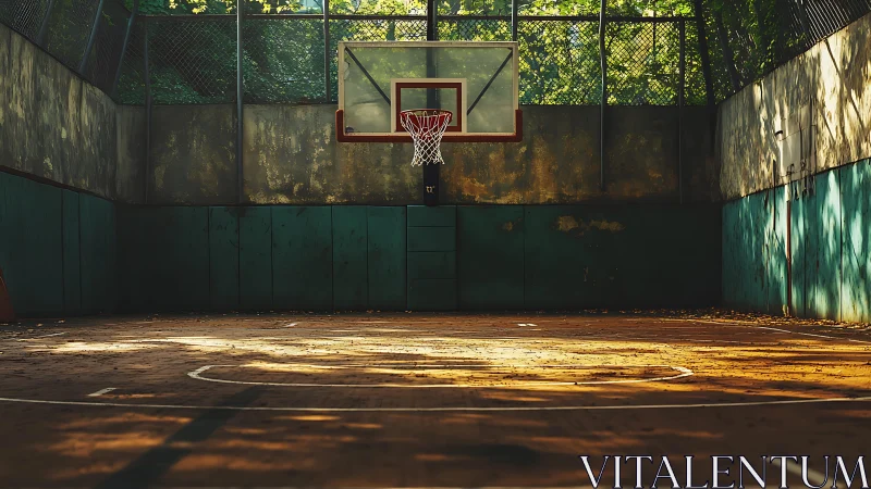 Outdoor basketball court surface shows wear under angled light