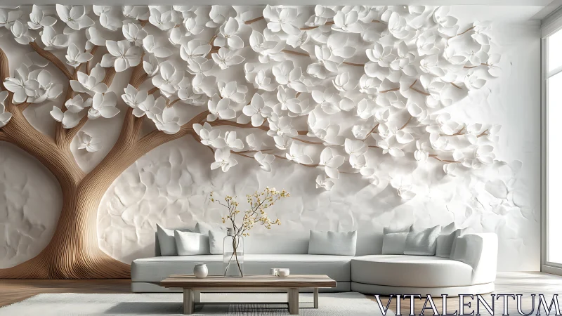 Wall relief of stylized tree behind curved sofa in lounge.