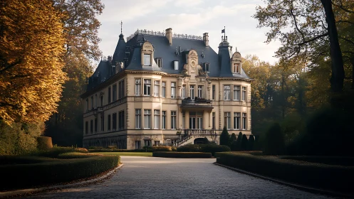 Historic French manor stands within landscaped autumn estate