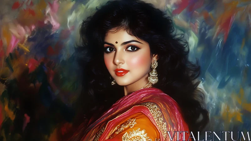 Portrait of woman in sari against abstract color background.