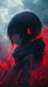 Cybernetic silhouette framed by crimson atmospheric bloom.