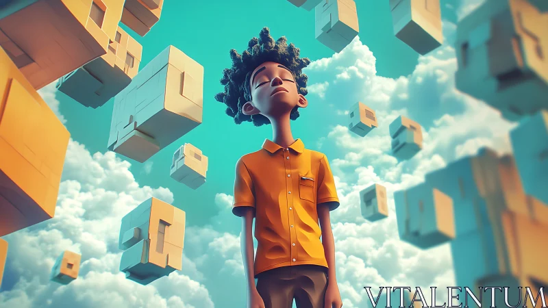 Stylized youth stands among floating cubic forms in sky