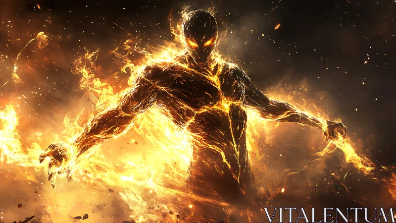 Digital painting of molten fire entity in explosive motion.