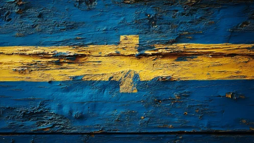 Weathered Swedish flag abstraction on textured timber surface.
