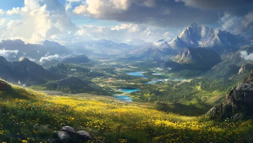 Vast alpine valley with luminous lakes and sunlit wildflower meadows.
