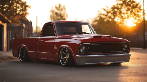 Pro-touring red pickup with ultra-low stance at golden hour.