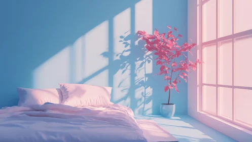 Soft pastel bedroom with pink plant and window light.