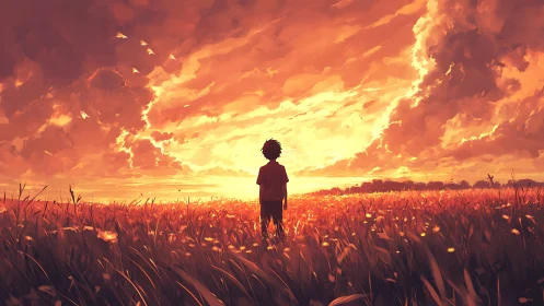 Solitary child in flaming sunset field, painterly sky glow.