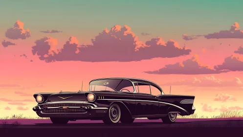 Retro coupe silhouette under gradient sunset sky illustration.