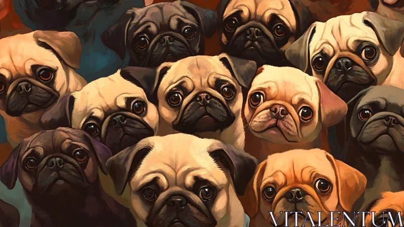 Bright-eyed pug crowd gathers in a bundle of gentle charm