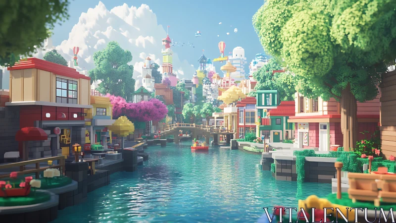 Voxel canal town extends toward clustered central towers