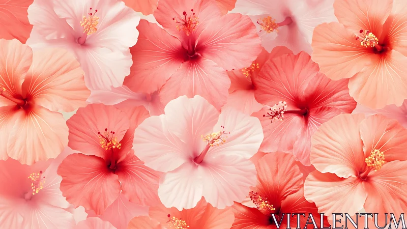 Coral hibiscus flowers in soft pink and red tones.