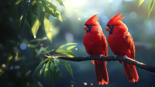Two Vibrant Red Cardinals on a Branch in Soft Morning Light.