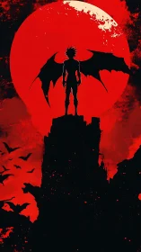Silhouetted winged figure stands before large red moon