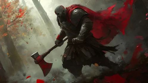 Warrior in crimson cloak advancing through misted forest.