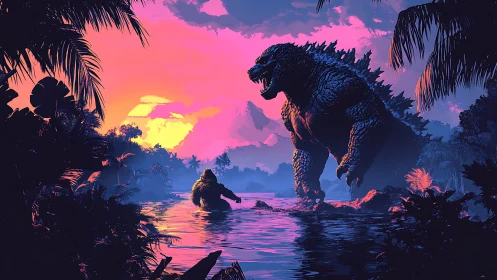 Giant reptile and ape in tropical lagoon at sunset.