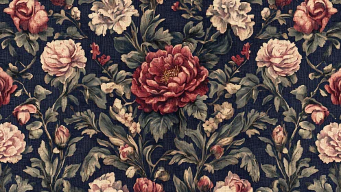 Vintage floral tapestry pattern with red and pink blooms.