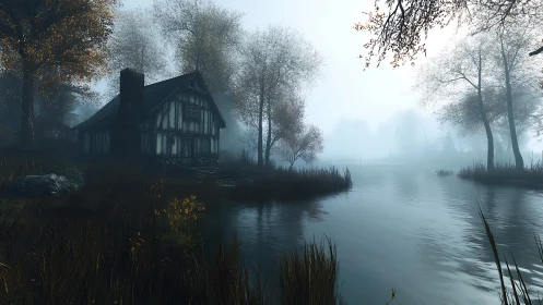 Fog-laden lakeside cottage rendered in moody digital realism