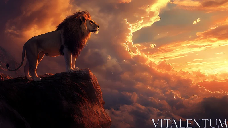 Majestic lion overlooking molten, sunset-lit clouds.