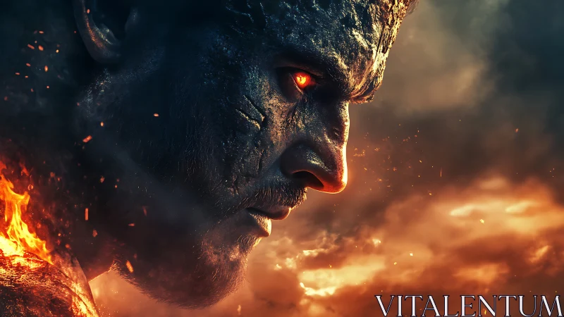 Infernal warrior profile with molten skin and blazing eyes.