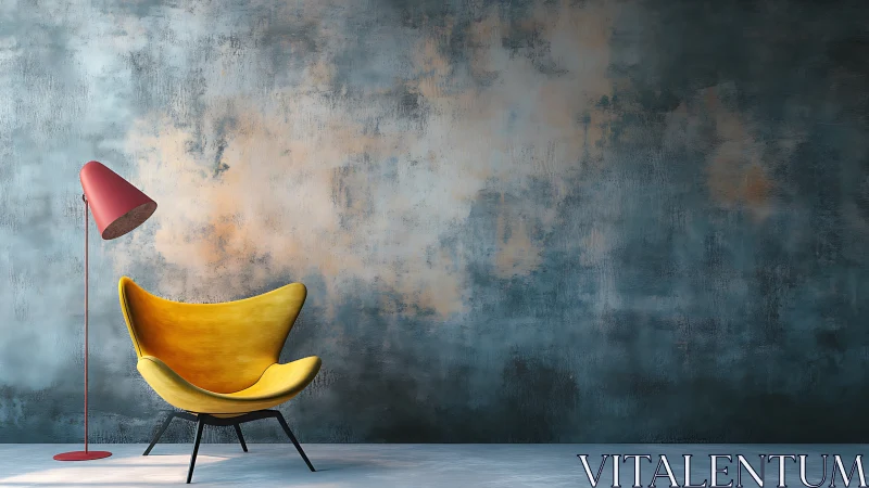 Midcentury lounge chair with coral lamp against textured wall.