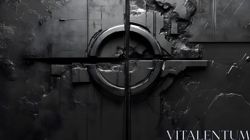 Industrial abstract wall with circular symbol in dark sci-fi style.