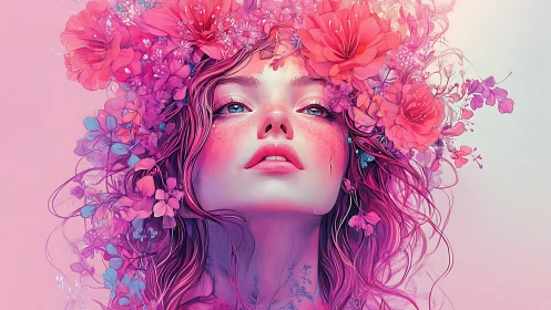 Hyperreal floral portrait of woman with pink botanical crown